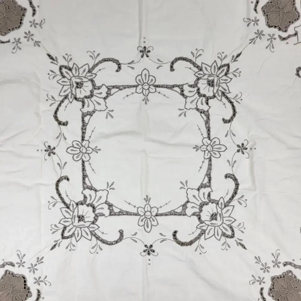 Vintage Handmade Cutwork Embroidered Tablecloth 29.5x31 Ivory Lace Floral